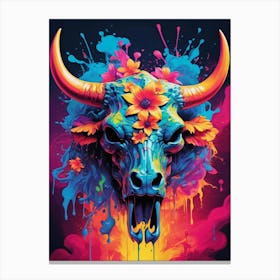 Floral Bull Skull Neon Iridescent Painting (12) Canvas Print