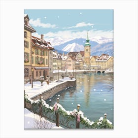 Vintage Winter Illustration Lucerne Switzerland 4 Canvas Print