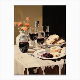 Atutumn Dinner Table With Cheese, Wine And Bread, Painting Canvas Print