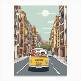 Cartoon People In A Yellow Van Canvas Print