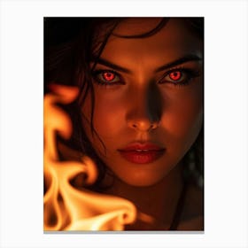 Close Up Portrait Woman With Piercing Gaze Scarlet Eyes Resembling Flames Fixated On Camera Lens Canvas Print