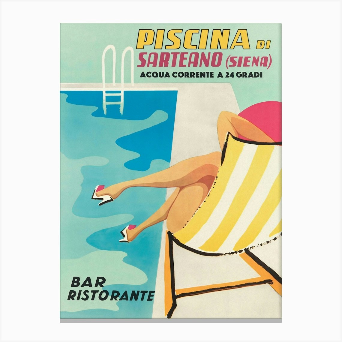 Piscina In Sardino, Woman By The Pool, Colorful Italy Vintage Travel Poster Canvas Print by Vibrant Vintage