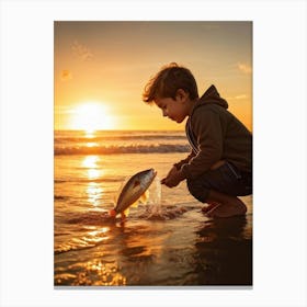 A Young Person Engaging In Play With A Fish Near The Waters Edge On A Sandy Beach Golden Hour Ligh (2) Canvas Print