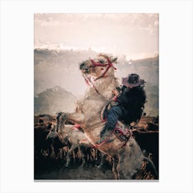 Cowboy On A Horse Herd Of Horses Oil Painting Landscape Canvas Print