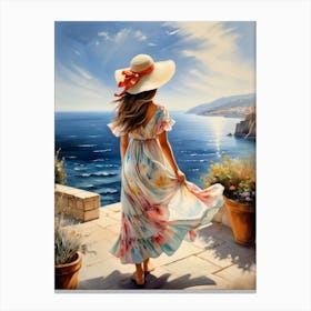 Woman in summer dress looking at the sea 6 Canvas Print