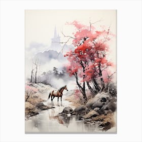 Horse, Japanese Brush Painting, Ukiyo E, Minimal 4 Canvas Print
