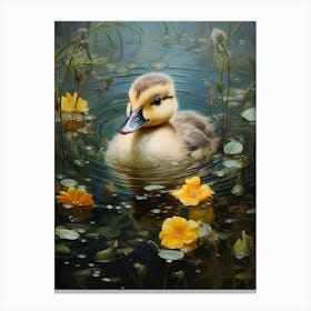 Duckling Swimming In The Pond With Petals 1 Canvas Print