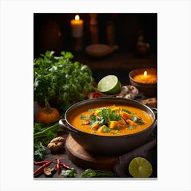 Autumn Pumpkin Curry Soup Steaming In A Rustic Ceramic Bowl Surrounded By An Array Of Vividly Spice Canvas Print