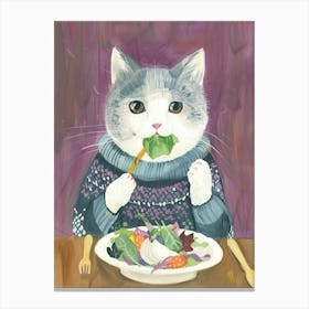 Grey Cat Eating Salad Folk Illustration 3 Canvas Print