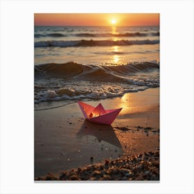 Paper Boat On The Beach At Sunset 1 Canvas Print