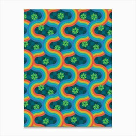 KYOTO Japanese Retro Wavy Geometric Stripes and Flowers in Rainbow Palette on Teal Checkerboard Canvas Print