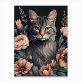 Cat With Flowers Moody Boho Style Canvas Print