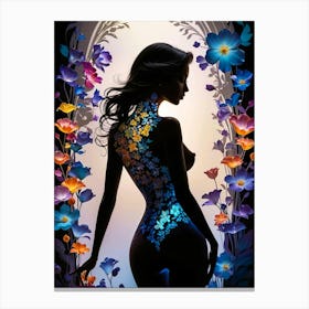 Silhouette of Naked Woman with Floral Frames #3 Canvas Print