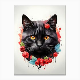 Black Cat With Raspberries Canvas Print