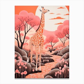 Giraffe In The Nature With Trees Pink 4 Canvas Print