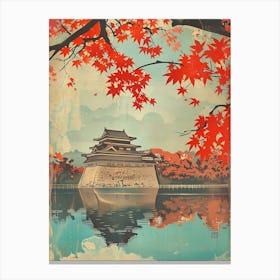 Japanese Castle In The Autumnal Leaves Mid Century Modern Canvas Print