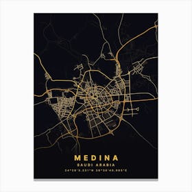 Medina Saudi Arabia Black And Gold Map Canvas Print