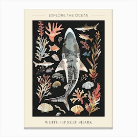 White Tip Reef Shark Seascape Black Background Illustration 2 Poster Canvas Print