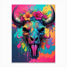 Floral Bull Skull Neon Iridescent Painting (32) Canvas Print