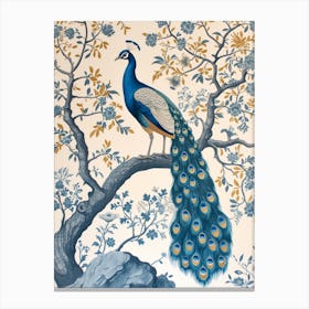 Peacock In The Tree Cream & Blue Vintage Wallpaper Canvas Print
