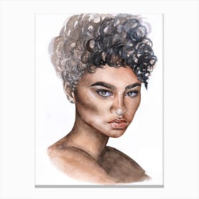 Watercolor portrait of a woman with curly hair Canvas Print