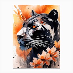 Panther Abstract Orange Flowers Painting (3) Canvas Print