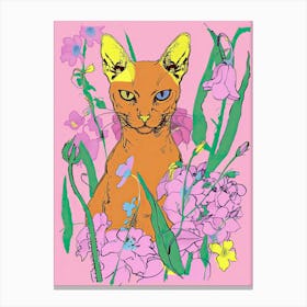 Cute Abyssinian Cat With Flowers Illustration 2 Canvas Print