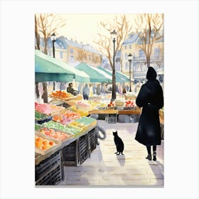 Food Market With Cats In Paris 3 Watercolour Canvas Print