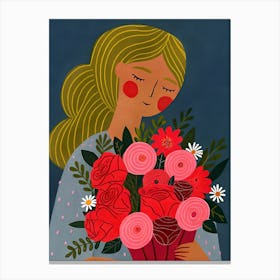 Woman Girl with Bouquet of Roses, Red Cheeks, Blonde Canvas Print