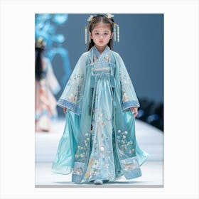 Children S Hanfu Catwalk, Front, Full Body Shot, A Cute Little Girl With Big Eyes Walks On The Catwalk, Wearing A Hanfu Made Of Silk, Ice Silk Material, Light Cyan Blue, Light Background, 1 Stampe su tela