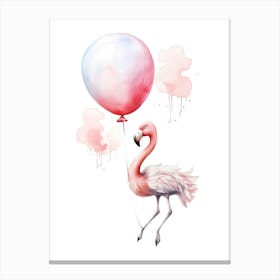 Baby Flamingo Flying With Ballons, Watercolour Nursery Art 4 Canvas Print