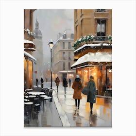 Paris cafes, winter season, Christmas, autumn oil colors, pale colors, pedestrians in the street, winter clothes, falling snow.5 1 Canvas Print