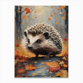 Cottagecore Hedgehog in Autumn - Acrylic Paint Fall Hedgehog with Falling Leaves at Night, Perfect for Witchcore Cottage Core Pagan Tarot Celestial Zodiac Gallery Feature Wall Beautiful Woodland Creatures Series HD 1 Canvas Print