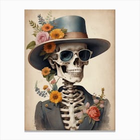 Vintage Floral Skeleton With Hat And Sunglasses (17) Canvas Print