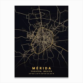 Merida Yucatan Mexico Black And Gold Map Canvas Print