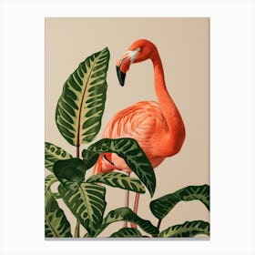 American Flamingo And Croton Plants Minimalist Illustration 2 Canvas Print