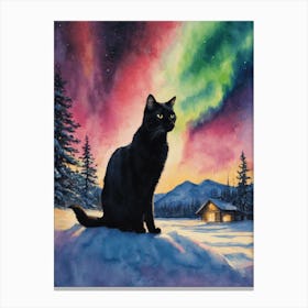 Black Cat At The Northern Lights ~ Beautiful Witch Kitty Under The Aurora Borealis in Snowing Lapland, Yule Winter Scene Rainbow Watercolor Witchy Art Print by Lyra the Lavender Witch - Pagan Witchcraft Fairytale Magical Canvas Print
