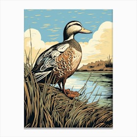 Vintage Bird Linocut Mallard Duck 4 Canvas Print