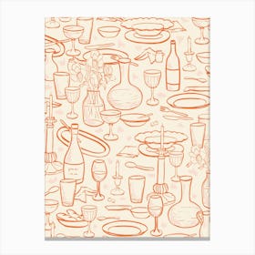 Hand-drawn dinner table with dishes wine bottles and candlelight in orange and beige Canvas Print