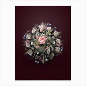Vintage Pink Rose Turbine Flower Wreath on Wine Red Canvas Print