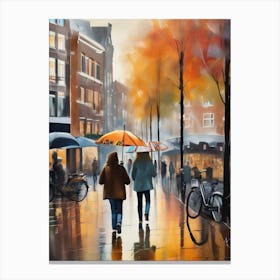 Amsterdam cafes, autumn season, rain, autumn oil colours.Faded colours,People passing on the street, winter clothes, rain umbrellas.2 4 Canvas Print