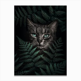 Green Eyes Cat With Ferns Canvas Print
