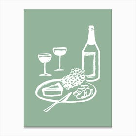 Wine and Cheese Aperitif Kitchen Illustration - White Green Canvas Print