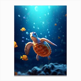 Realistic Sea Turtle And Fish Blue Canvas Print