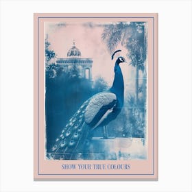 Peacock In A Tropical Garden Cyanotype Inspired Poster Canvas Print