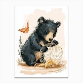 American Black Bear Cub Playing With A Butterfly Storybook Illustration 1 Canvas Print