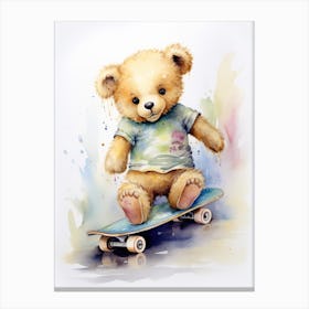 Skateboarding Teddy Bear Painting Watercolour 3 Canvas Print