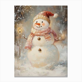 Snowman Wearing Scarf In Snowy Landscape Canvas Print