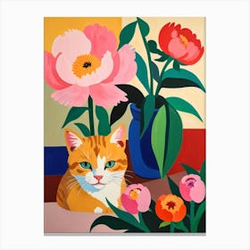 Peonies And Cat Canvas Print