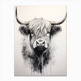 Black & White Watercolour Illustration Of Highland Cow 1 Canvas Print